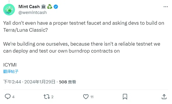 Mint Cash 将构建 Terra/Luna Classic 测试网水龙头，以部署和测试 burndrop 合约 