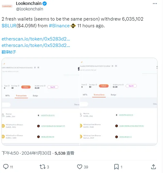 データ：2つの新しいウォレットが11時間前にBinanceから約600万枚のBLURを引き出しました。