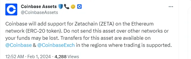 Coinbase は ZetaChain（ZETA）を上場します。
