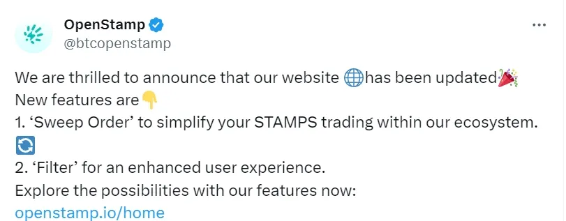 首个 BTC STAMP 交易和铸币平台 OpenStamp 上线新版本 UI，新增 Marketplace 等多项功能