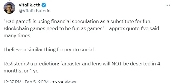 Vitalik：加密社交和链游一样，应用本身的可玩性要比金融投机更重要