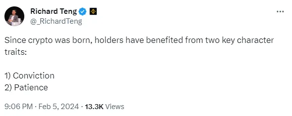 바이낸스 CEO 리차드 텐: 암호화폐 탄생 이후, 보유자는 신념과 인내라는 두 가지 성격 특성으로 혜택을 받았다