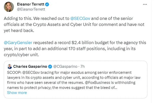 FOX Business 记者：美 SEC 正为其加密和网络安全部门的高级执法律师大规模离职做准备