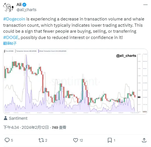 分析：狗狗币交易量及大额交易数下降，市场活跃度降低