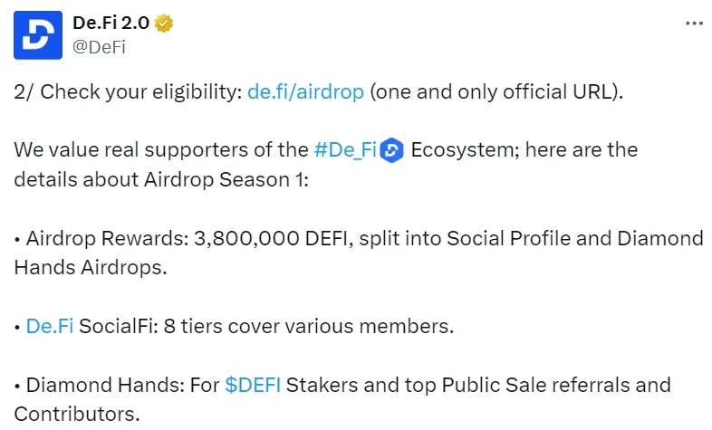 SocialFi 和防病毒软件 De.Fi 上线代币 DEFI 的第一季空投，总量 380 万枚