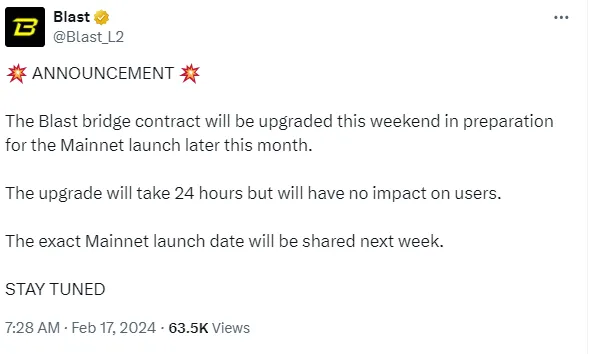 Blast：主网启动日期将于下周公布
