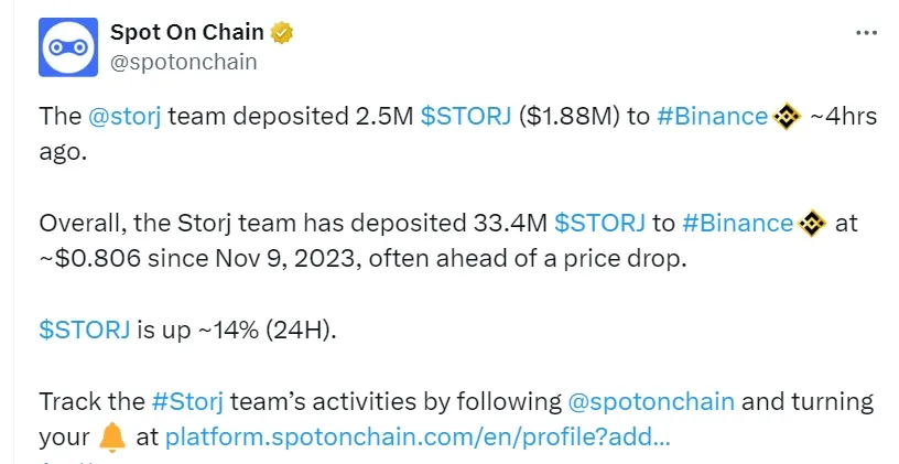 数据：Storj 团队在 4 小时前向币安存入 250 万枚 STORJ，约 188 万美元