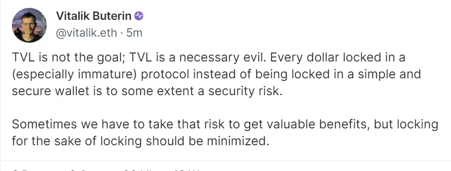 vitalik: TVL is not the goal; we should minimize locking for the sake of locking