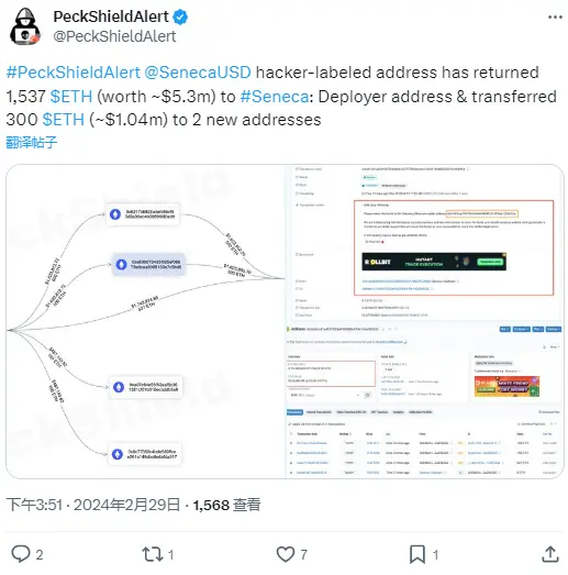 SenecaUSD 黑客已将 1,537 枚 ETH 返还给 Seneca 部署者 