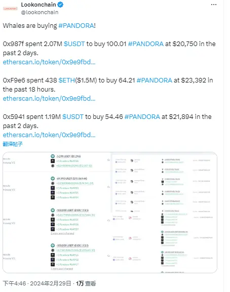 数据：三个鲸鱼地址过去 2 日共计买入 218.68 枚 PANDORA