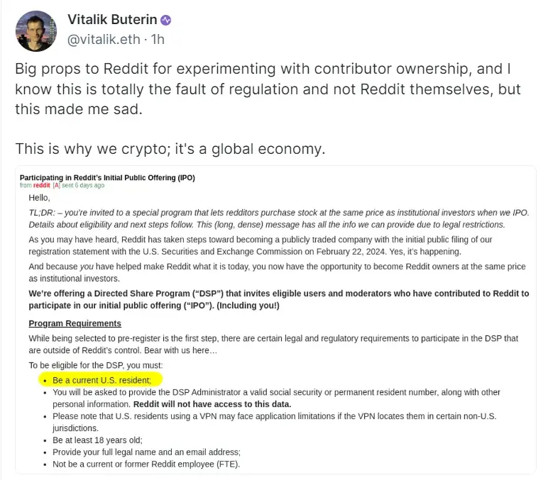 Vitalik：레딧의 기여자 소유권 시도를 강력히 지지합니다