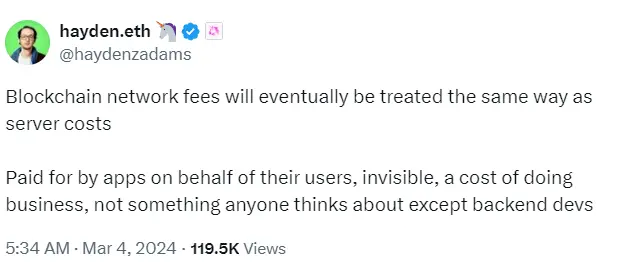 Uniswap 创始人：区块链网络费用最终将被视为与服务器成本相同的费用