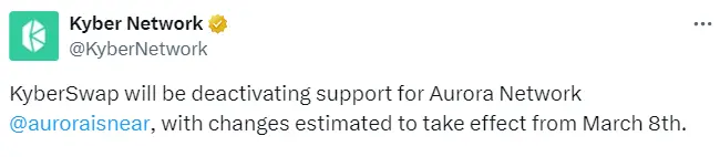 DEX aggregator KyberSwap will cease support for Aurora