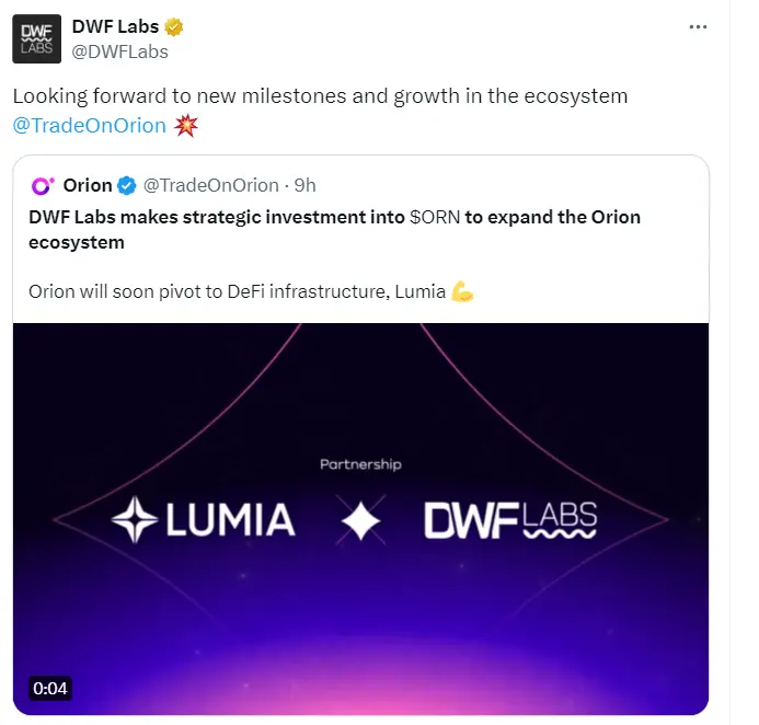 DWF Labs 宣布对 Orion 进行战略投资，并同意将 ORN 代币锁仓 12 个月