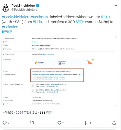 파이쉴드: 손위천이 Lido에서 약 2000개의 ETH를 인출하고 300개의 ETH를 Poloniex로 전송함