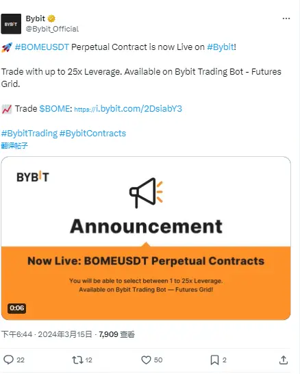 Bybit 上線 BOMEUSDT 永續合約