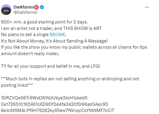 BOME 創始人 Darkfarms 公布鏈上錢包地址並稱不會出售 BOME