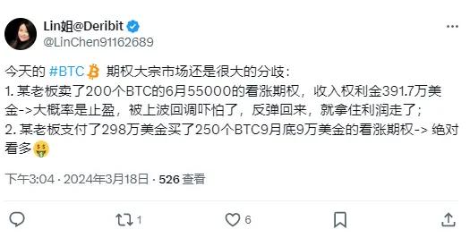 Lin Chen：Deribitである大口が今日、298万ドルで250枚のBTCの9月末9万ドルコールオプションを購入しました。