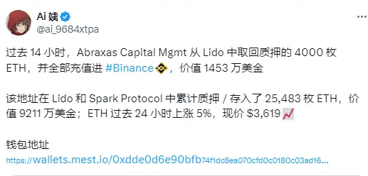 データ：Abraxas Capital Mgmt が Lido から 4000 枚の ETH を解約し、すべて Binance に預け入れました。