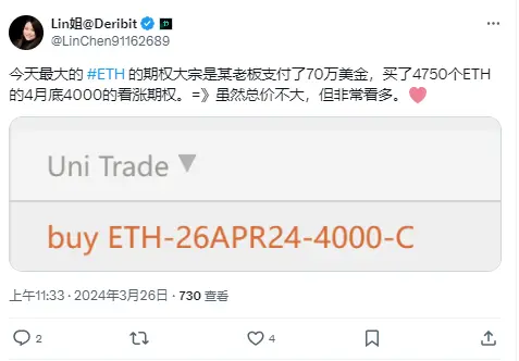 Lin Chen：今日 Deribit で最大の ETH オプションの大口買い 4750 枚 ETH の 4 月末 4000 ドルコールオプション