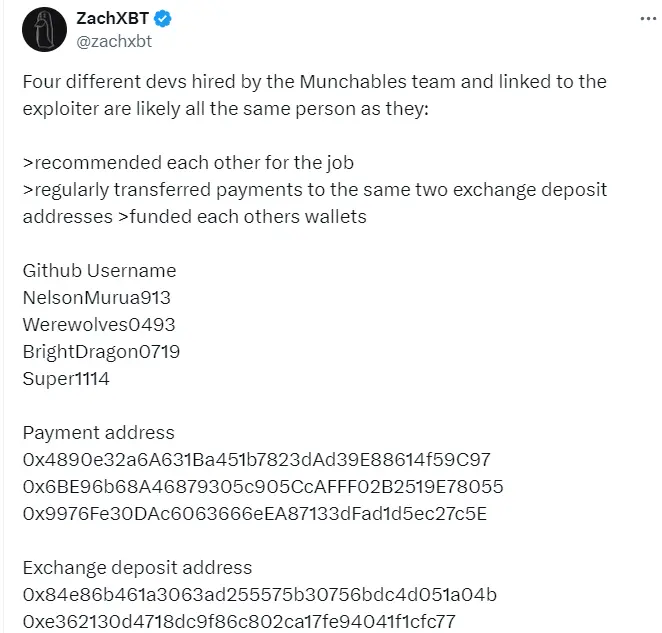 ZachXBT：Munchables 团队四名开发人员与漏洞利用者有关联，或为同一人