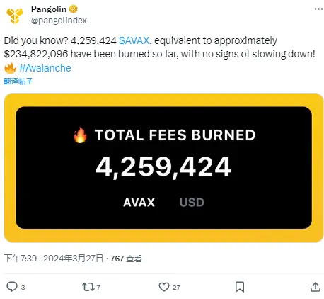 Data: The Avalanche ecosystem DEX Pangolin has destroyed a total of 4.2594 million AVAX so far