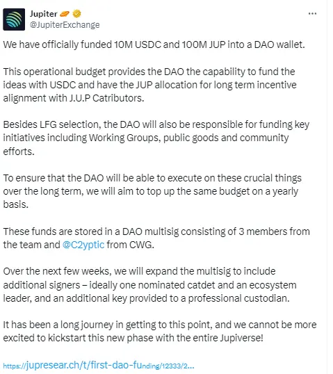 Jupiter：DAOウォレットに1000万USDCと1億JUPを注入しました。