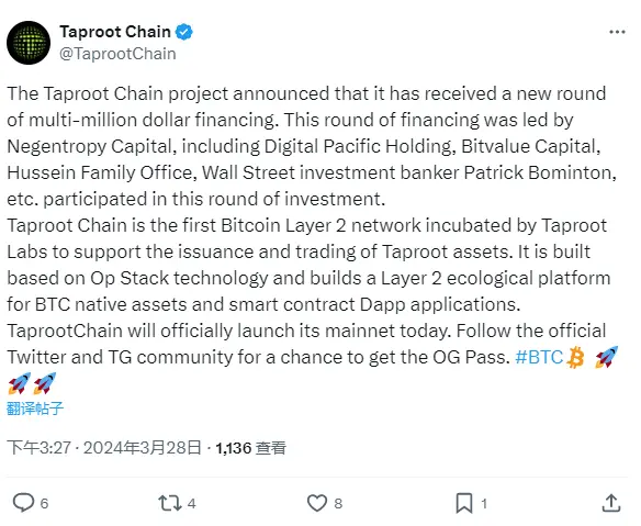 Taproot Chain 完成數百萬美元融資，Negentropy Capital 領投