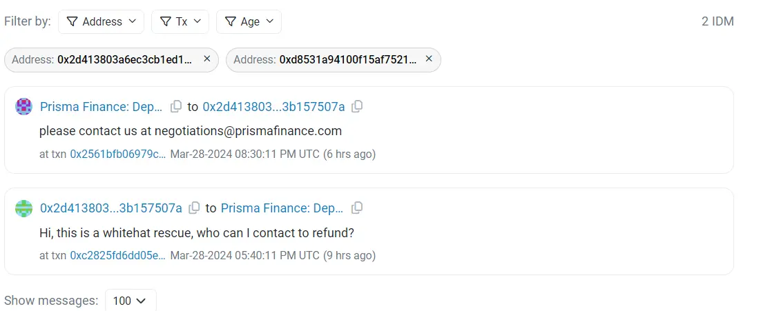 Prisma Finance 攻击相关地址声称是白帽救援