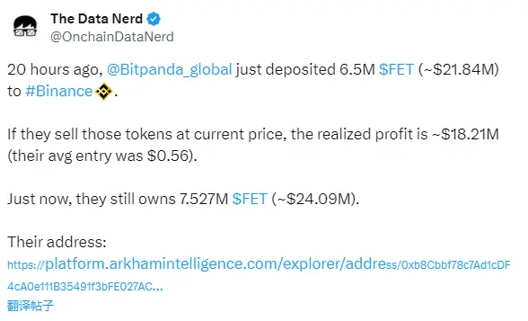データ：Bitpandaは20時間前にBinanceに650万FETを入金し、浮利益は1821万ドルです。