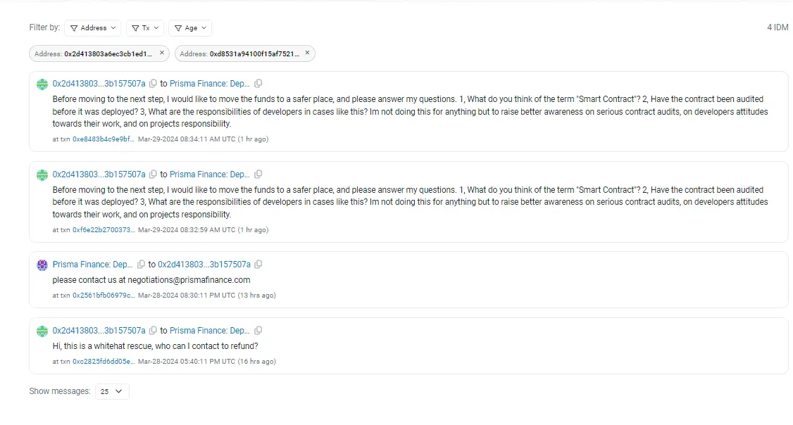 Prisma Finance 攻击者向项目团队留言，称想将资金转至更安全之处
