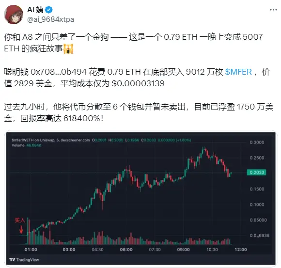 ある賢い投資家が9012万枚のmfercoinを購入し、リターン率は618400%に達しました。