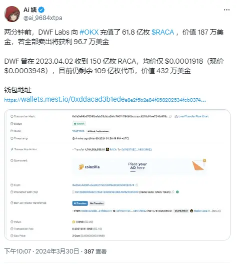 数据：DWF Labs 向 OKX 充值 61.8 亿枚 RACA，价值 187 万美元