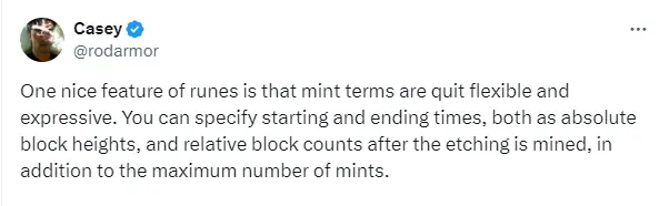 Ordinals 創始人：符文 mint術語支持設置最大 mint 數，還可指定起始和結束時間