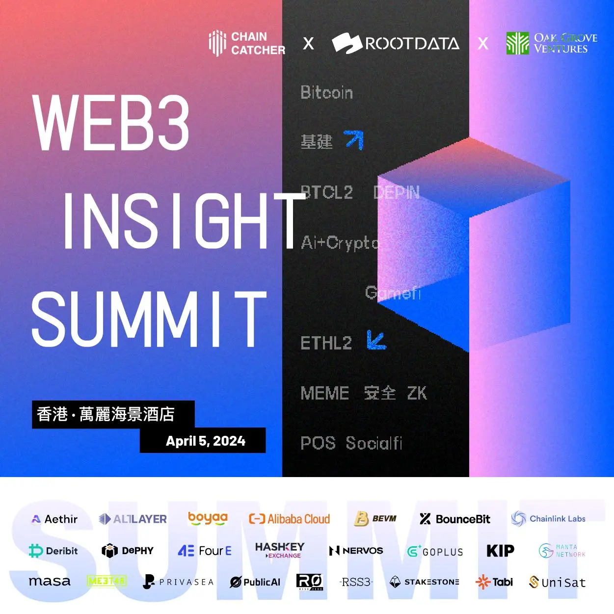 ChainCatcher 与 RootData 联合 Oak Grove Ventures 将于 4 月 5 日在香港举办 Web3 峰会