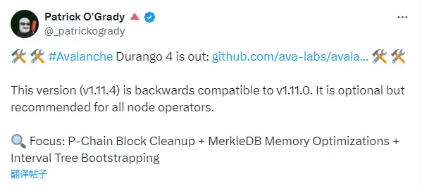 Avalanche Durango 4 版本已发布，引入 P-Chain 区块清理等功能