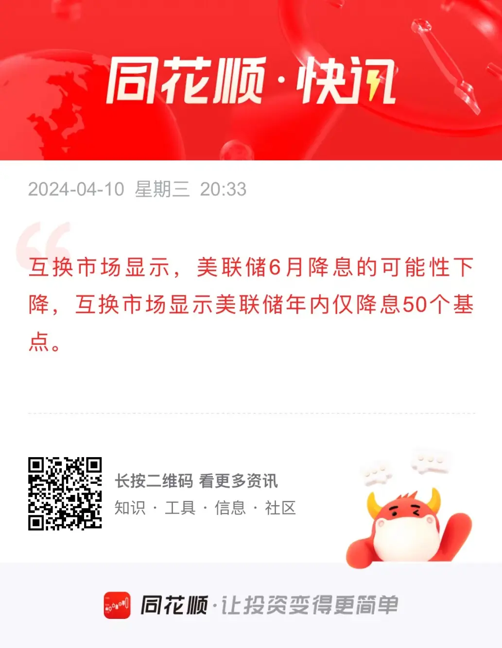 美联储 6 月降息的可能性下降