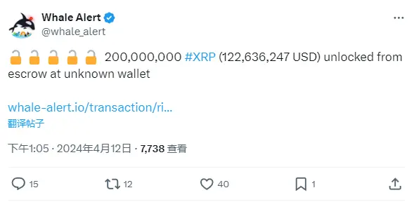 データ：2億枚のXRPが保管口座から解除されました