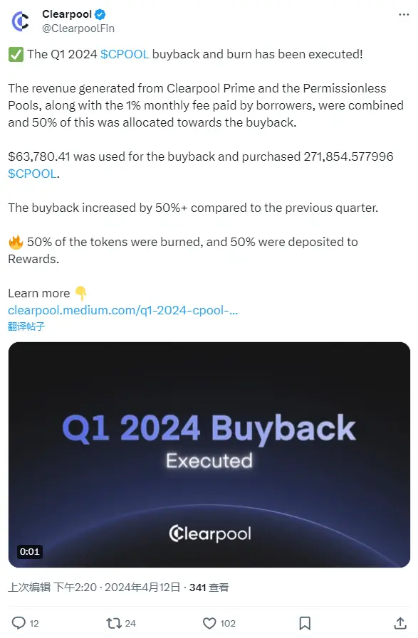 Clearpool Q1 已回購並銷燬約 6.38 萬美元 CPOOL
