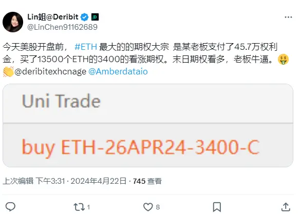 Derbit: A certain options trader today paid $457,000 in premiums to buy 13,500 ETH call options with a strike price of $3,400