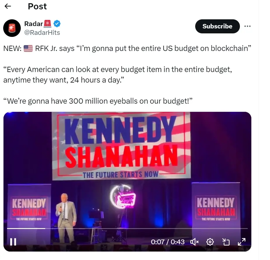 美国总统候选人小罗伯特·肯尼迪：希望把整个美国的预算放在区块链上