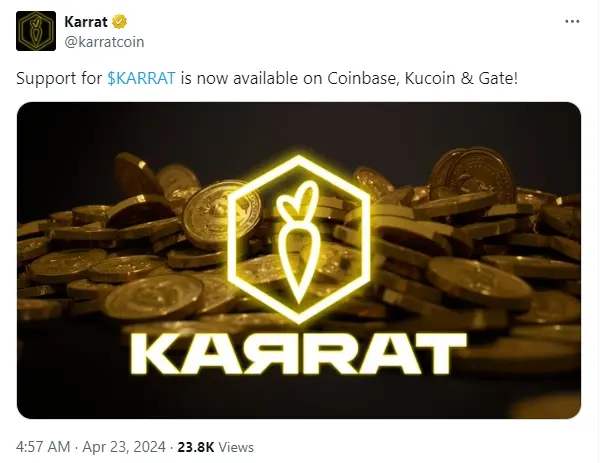 Karrat (KARRAT)はCoinbase、Kucoin、Gate取引所に上場しました。