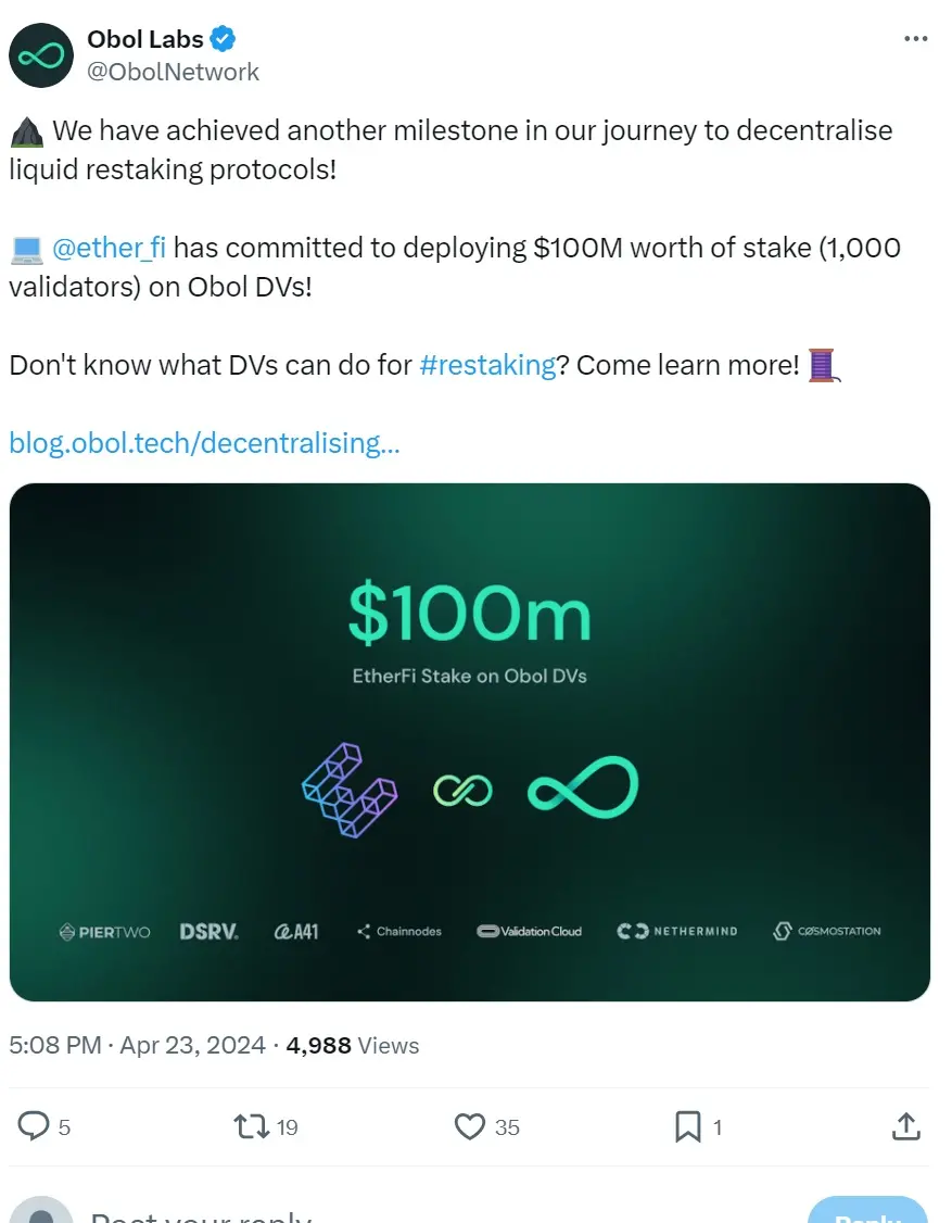 EtherFi는 Obol Labs와 협력하여 1억 달러의 자산을 분산 검증기에 배포할 계획입니다