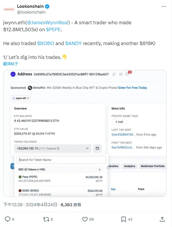 在 PEPE 上获利 1280 万美元的 jwynn.eth 近两日在 BOBO、ANDY 上获利 81.8 万美元