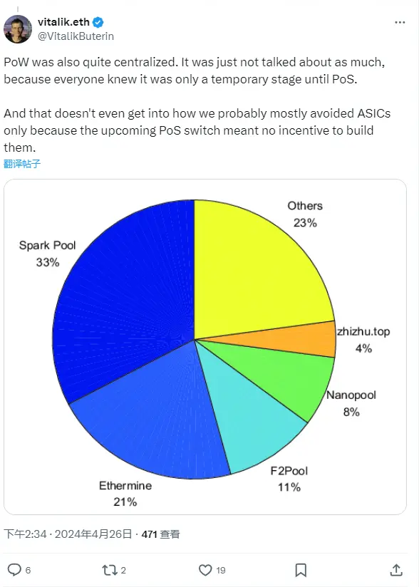 Vitalik：PoW도 상당히 중앙집중화되어 있으며, PoW는 PoS 이전의 임시 단계일 뿐이다