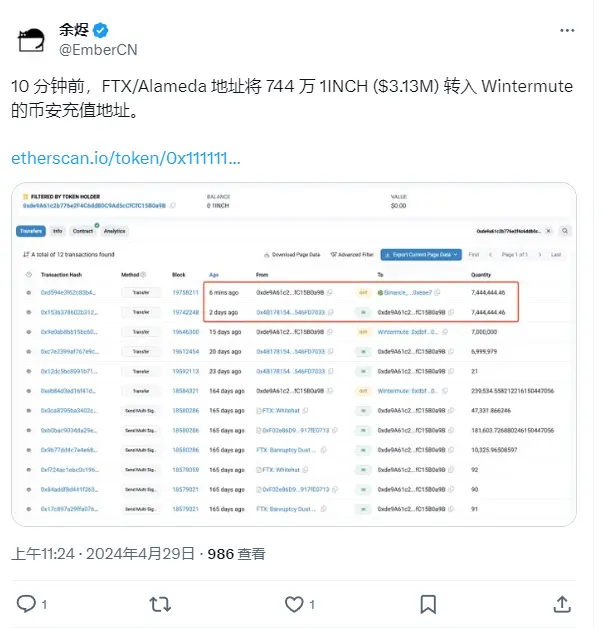 FTX/Alameda 地址将 744 万枚 1INCH 转入 Wintermute 的币安充值地址