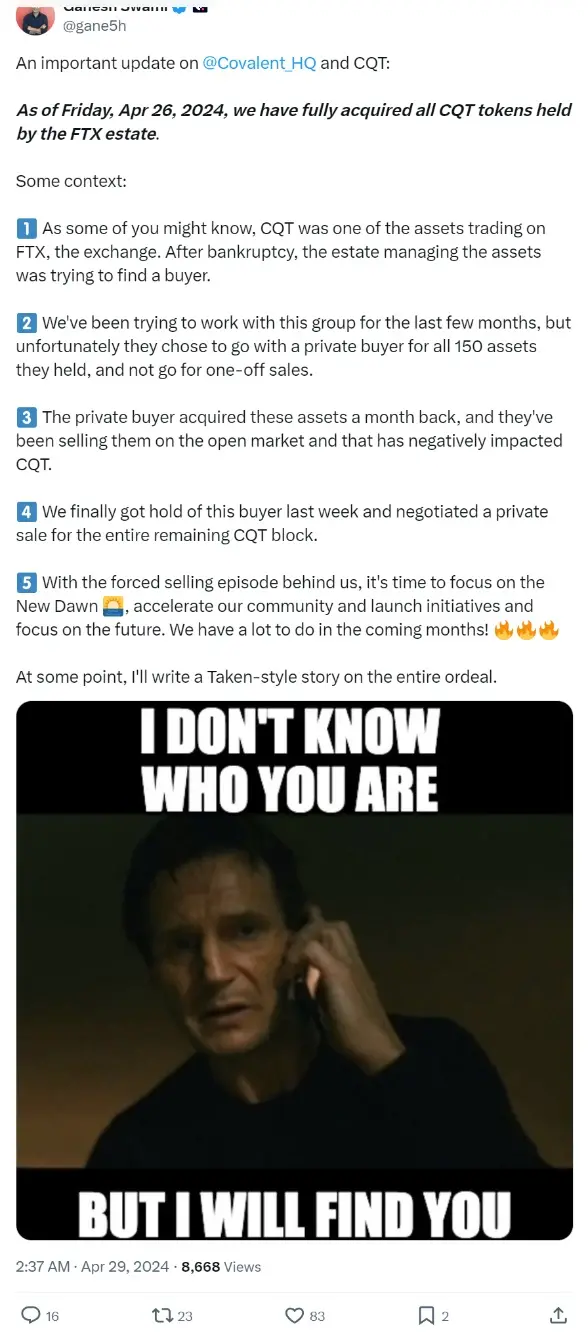 Covalent 联创宣布该公司已通过私人交易购入 FTX 破产财团持有的 CQT 代币