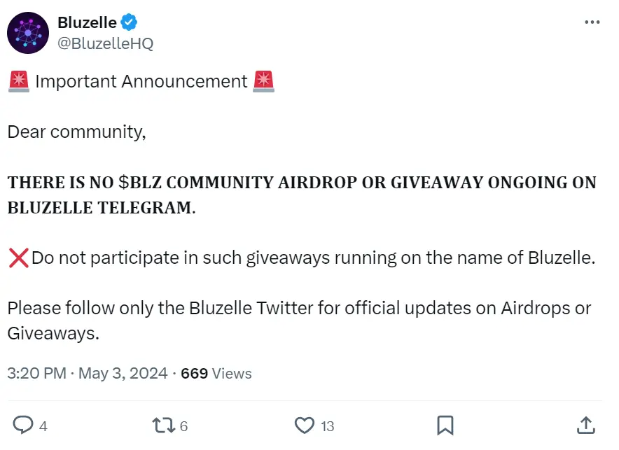 Bluzelle：沒有進行 BLZ 代幣社區空投，用戶需警惕騙局