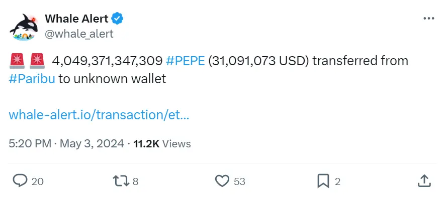 Data: Over 40 trillion PEPE transferred from Paribu to an unknown wallet, approximately 31.09 million USD