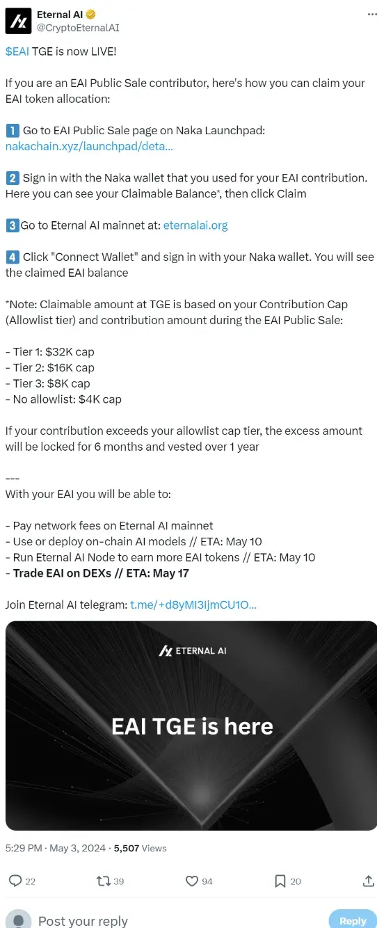Eternal AI：EAIトークンのTGEが開始されました